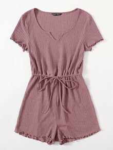 SHEIN EZwear Plus Drawstring Waist Lettuce Edge Romper - Dusty Pink - View 4