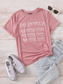 SHEIN LUNE Áo thun Plus size Slogan Giải trí - Hồng - Xem 1