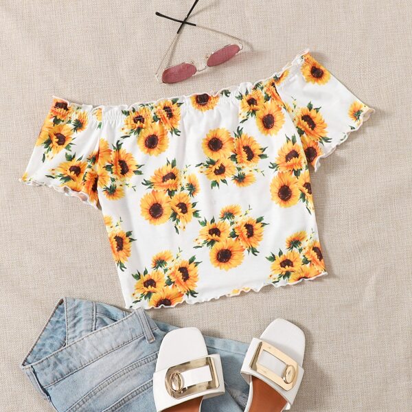 

размера плюс Футболка с принтом подсолнуха волнистой отделкой с открытыми плечами, Многоцветный