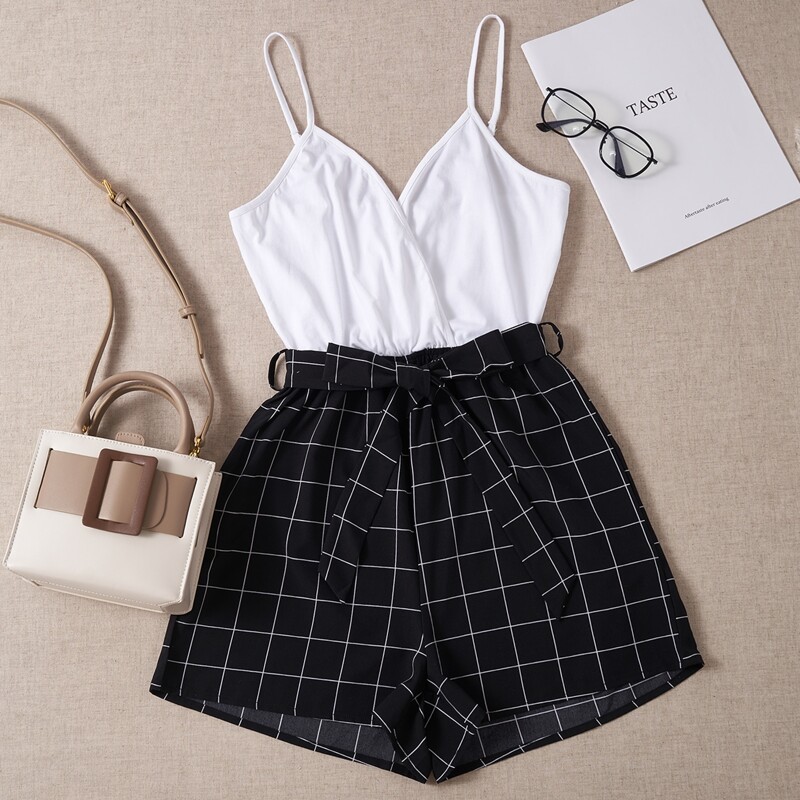 

Contrast Plaid Belted Romper, Black and white