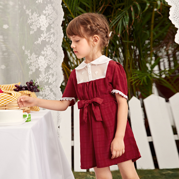

Toddler Girls Peter Pan Collar Puff Sleeve Belted Dress, Burgundy
