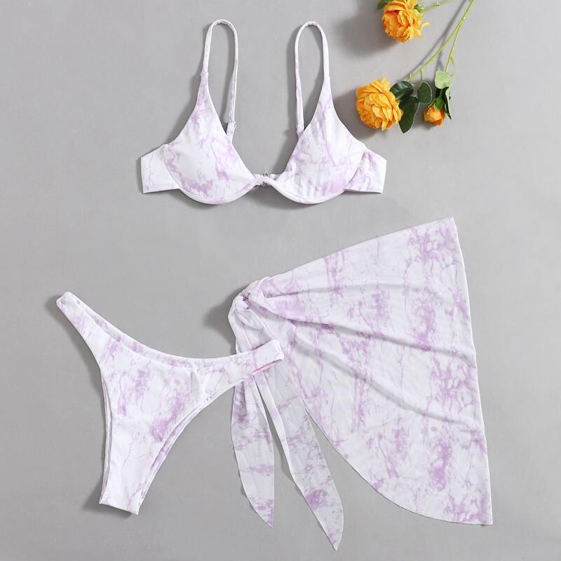 

3pack Marble Bikini Swimsuit With Beach Skirt, Multicolor