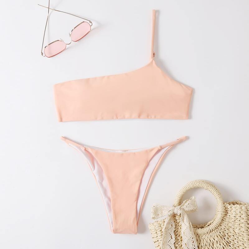 

Solid One Shoulder Tanga Bikini Swimsuit, Pink