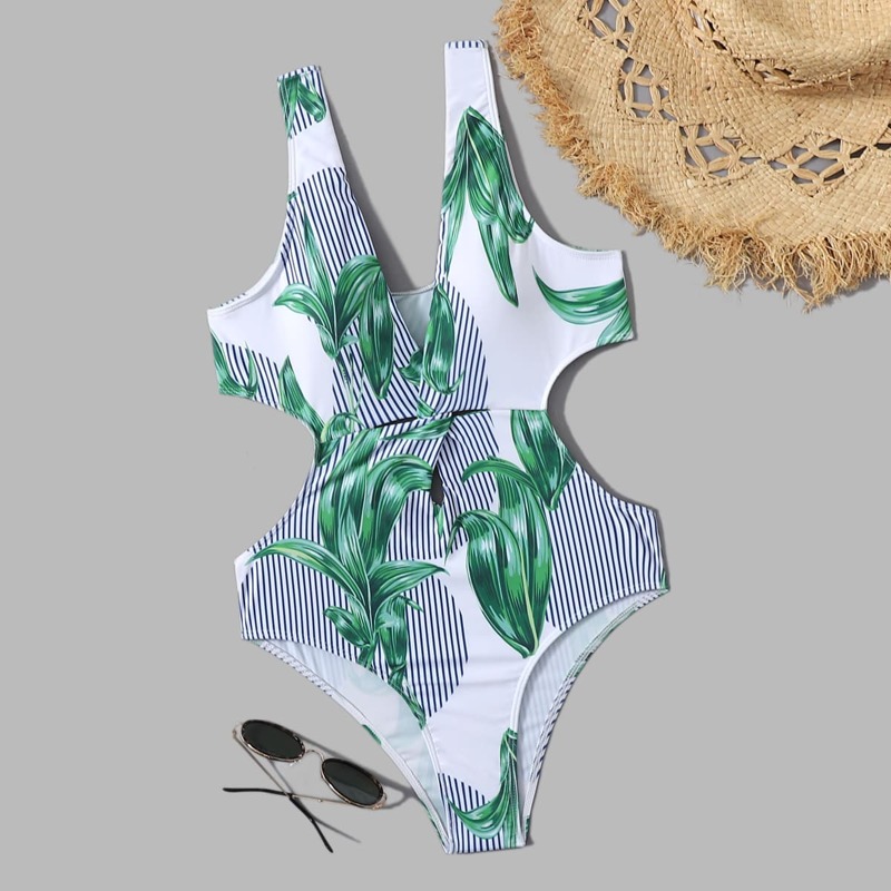 

Plant Print One Piece Swimsuit, Multicolor