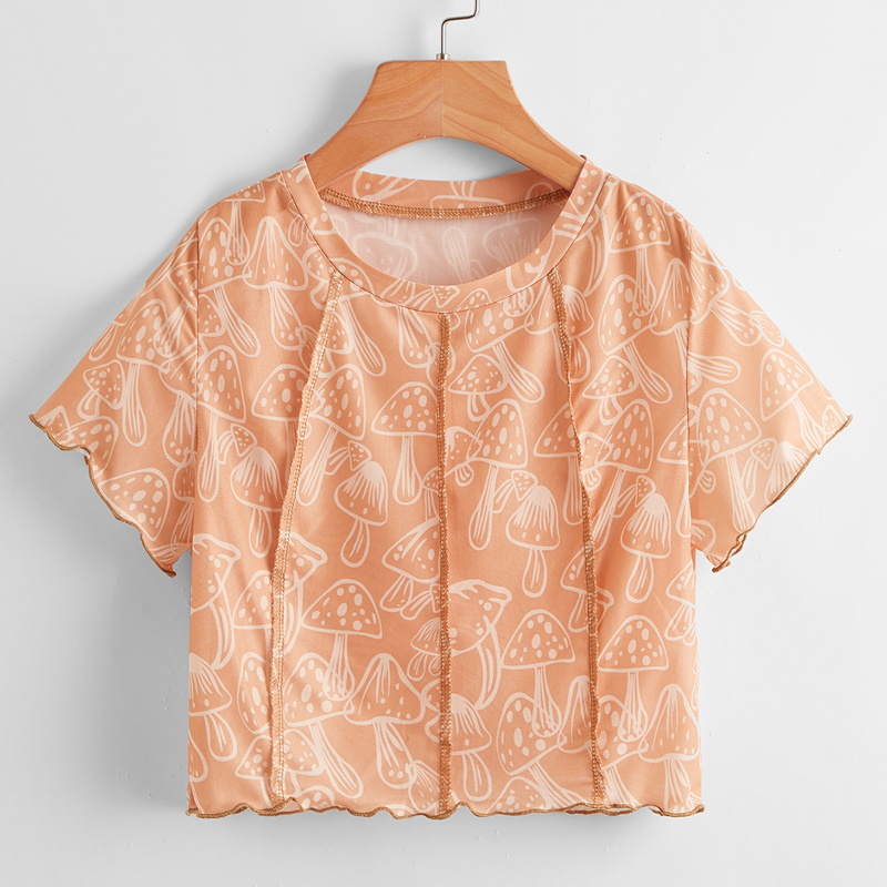 

Stitching Trim Mushroom Graphic Tee, Orange