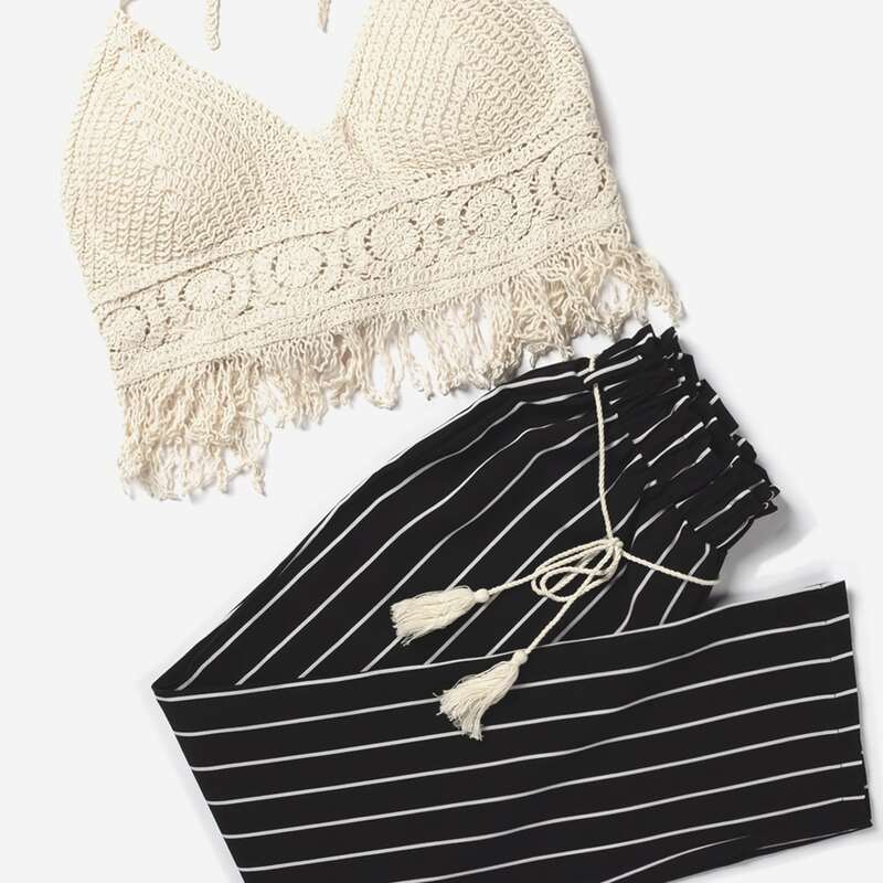

Crochet Halter Top & Striped Pants, Multicolor