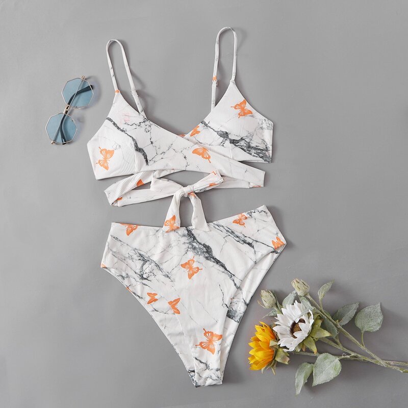 

Butterfly & Marble Print Wrap Bikini Swimsuit, White