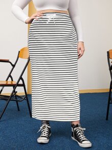 Falda recta de rayas bajo con abertura - Blanco y Negro - Ver 1