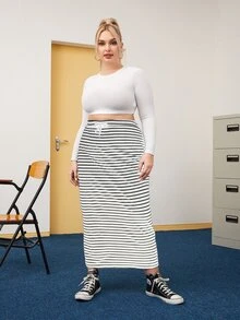 Falda recta de rayas bajo con abertura - Blanco y Negro - Ver 4