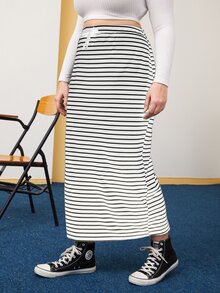 Falda recta de rayas bajo con abertura - Blanco y Negro - Ver 5