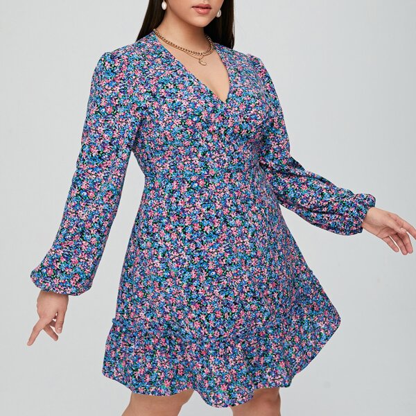 

Plus Ditsy Floral Frill A-line Dress, Multicolor