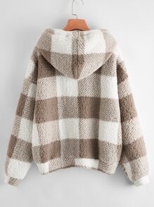 SHEIN EZwear 大碼落肩大方格紋絨毛連帽衫