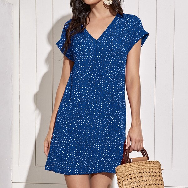 

Polka Dot V-neck Batwing Sleeve Dress, Navy blue