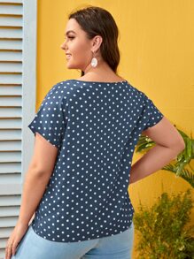 SHEIN LUNE Plus Cut Out Front Polka Dot Top - Dusty Blue - View 2