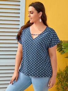 SHEIN LUNE Plus Cut Out Front Polka Dot Top - Dusty Blue - View 4