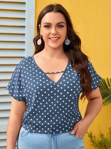 SHEIN LUNE Plus Cut Out Front Polka Dot Top - Dusty Blue - View 5