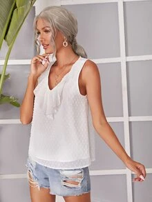 SHEIN 荷葉邊布點上衣 - 白色 - 查看 4