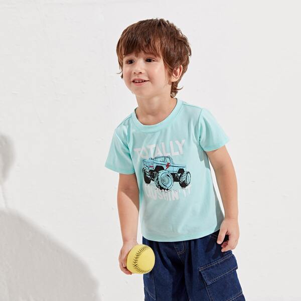 

Toddler Boys Car & Letter Tee, Mint blue
