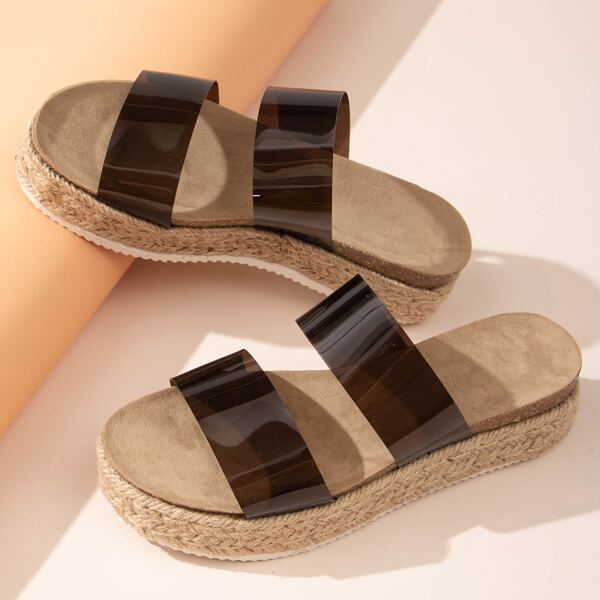 

Clear Double Strap Espadrille Flatform Mules, Black