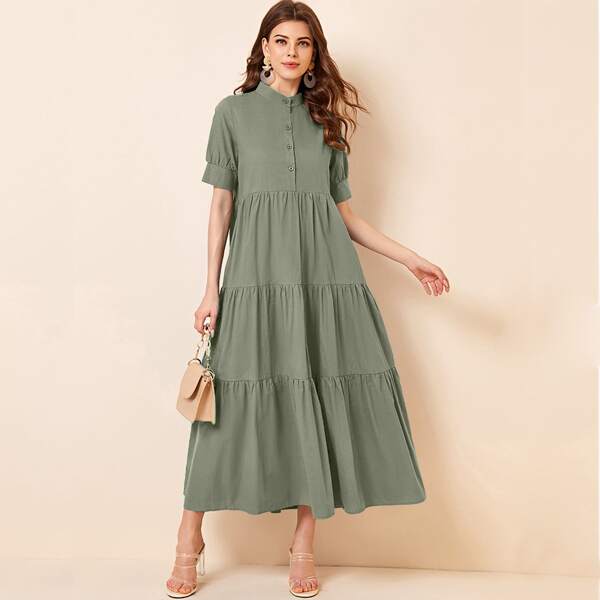 

Stand Collar Button Up Smock Dress, Army green