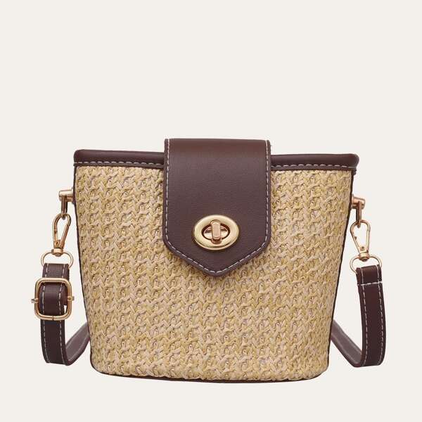 

Turn-lock Contrast Binding Straw Bag, Khaki