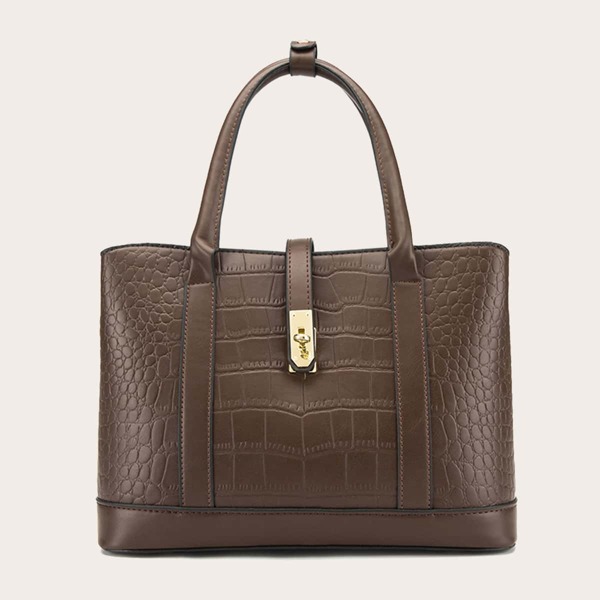 

Croc Embossed Twist Lock Tote Bag, Brown