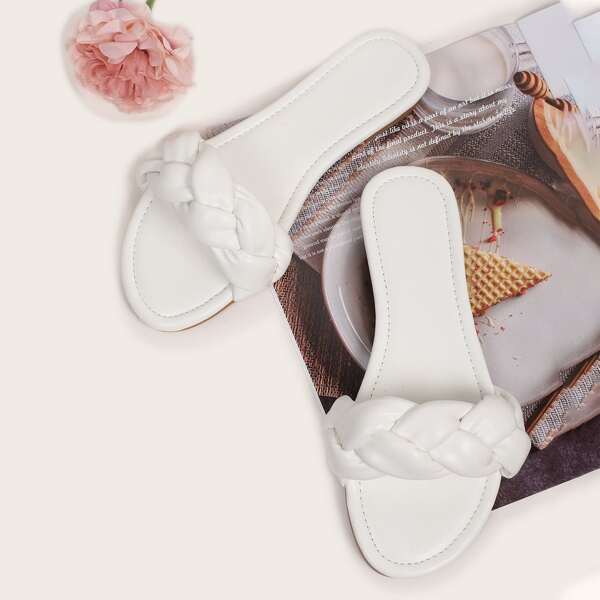 

Braided Slide Sandals, White