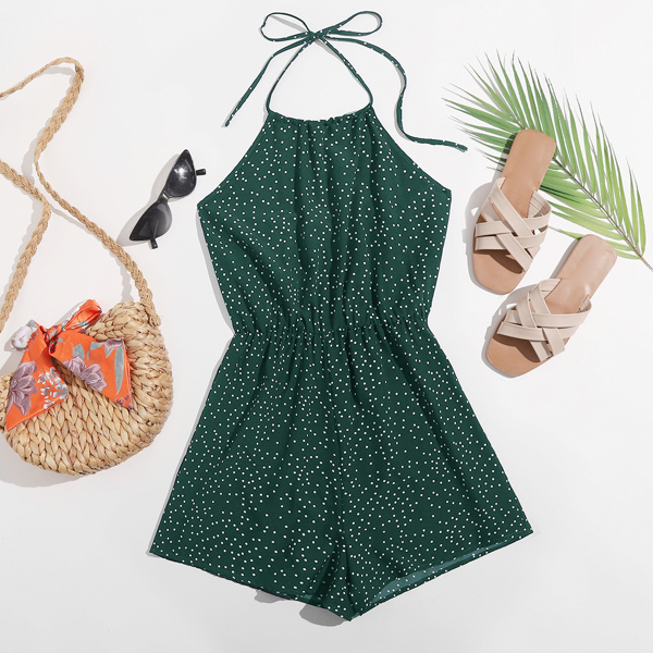 

Polka Dot Print Halter Romper, Dark green