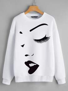 SHEIN LUNE Pullover con estampado de figura de hombros caídos - Blanco - Ver 1