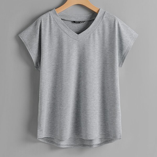 

V-neck Dip Hem Tee, Grey