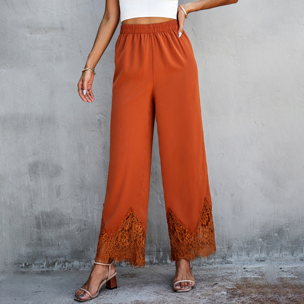 

Contrast Lace Elastic Waist Pants, Burnt orange