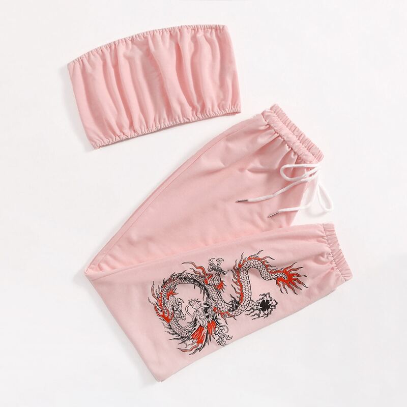 

Crop Tube Top & Chinese Dragon Pants, Baby pink