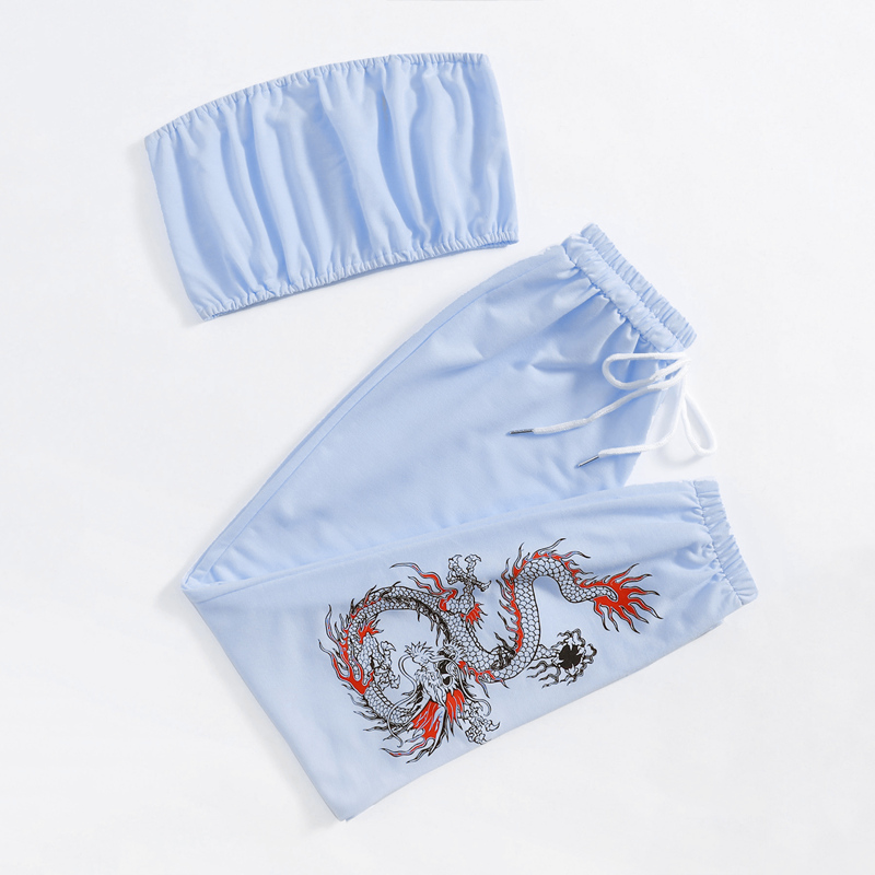 Crop Tube Top & Chinese Dragon Pants, Baby blue