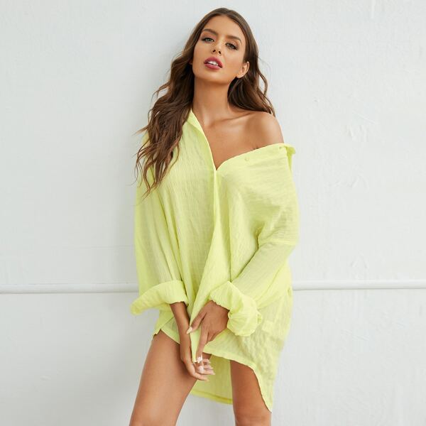 

Drop Shoulder Button Front Nightdress, Yellow