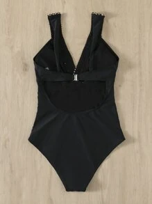 Contrast Tape One Piece Swimsuit, For Summer Beach Vacation - Black - View 2