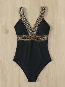 Contrast Tape One Piece Swimsuit, For Summer Beach Vacation - Black - View 3