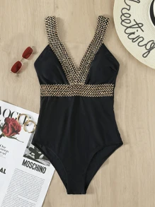 Contrast Tape One Piece Swimsuit, For Summer Beach Vacation - Black - View 5