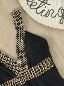 Contrast Tape One Piece Swimsuit, For Summer Beach Vacation - Black - View 6