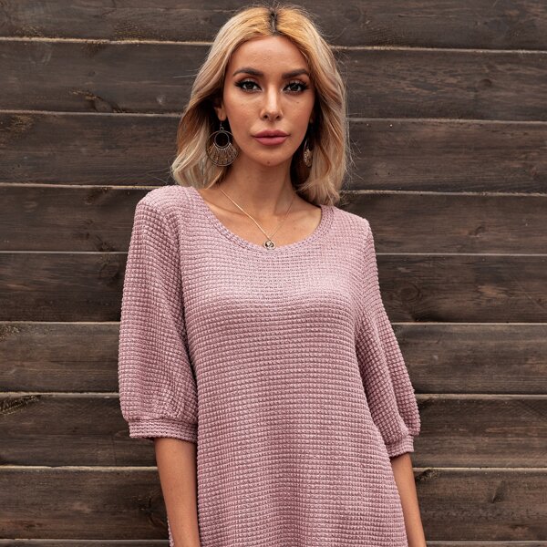 

Lantern Sleeve Waffle Knit Longline Tee, Dusty pink