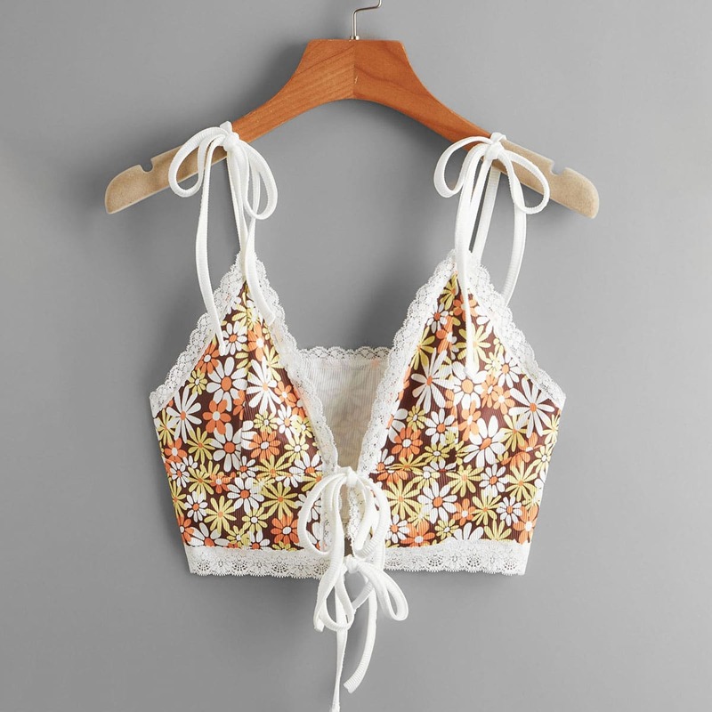 

Contrast Lace Tie Front Floral Print Crop Cami, Multicolor