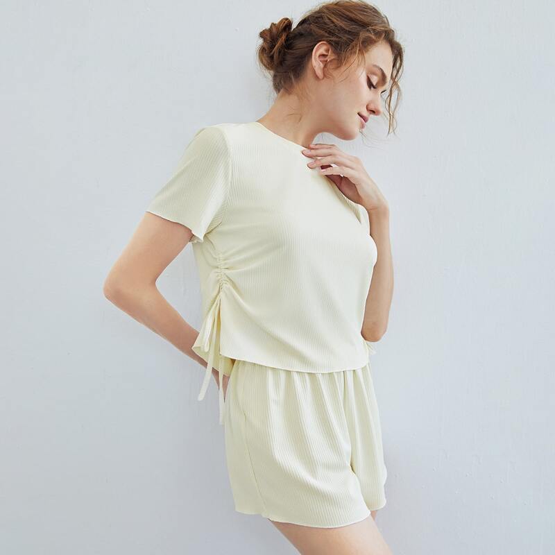 

Solid Rib Knit Drawstring Side Crop Tee And Shorts Set, White