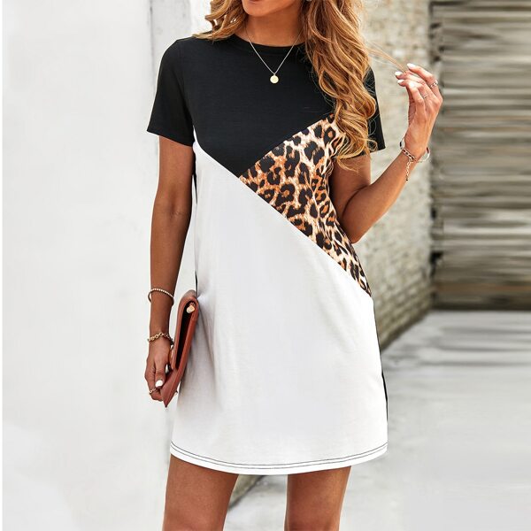 

Color-block Leopard Panel Tee Dress, Multicolor