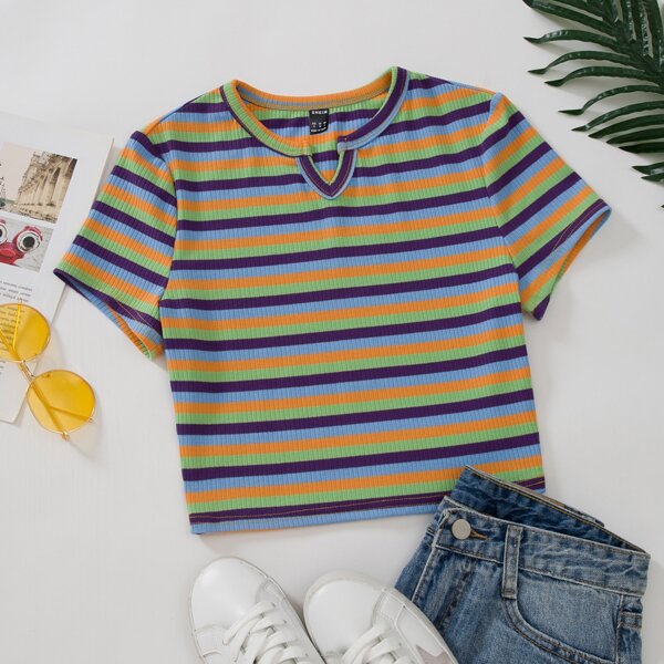 

Striped Print Notched Neck Crop Tee, Multicolor