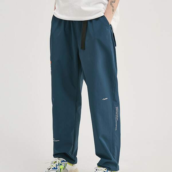 

Men Flap Pocket Push Buckle Belted Waist Pants, Teal blue