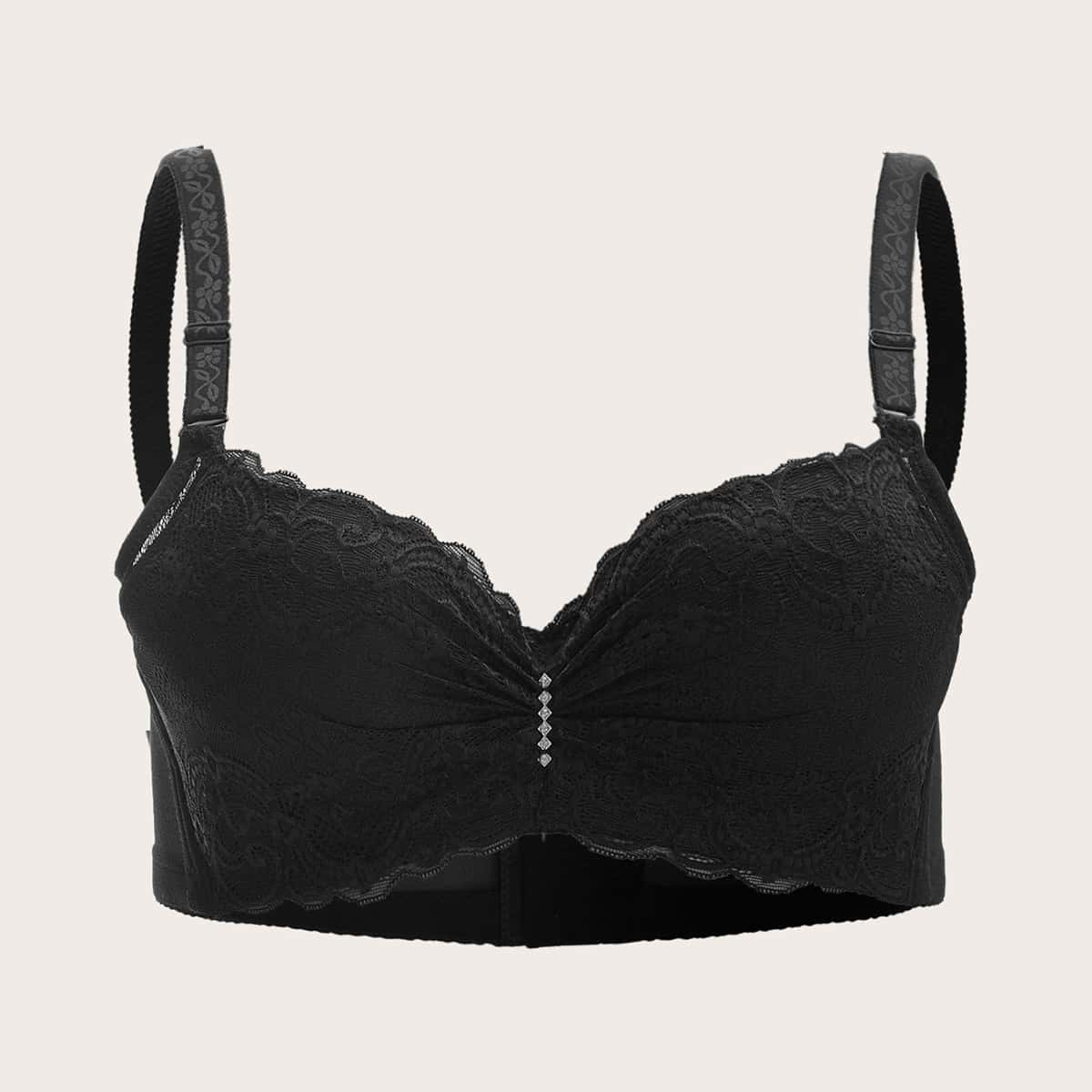 

Plus Contrast Lace Ruched Underwire Bra, Black