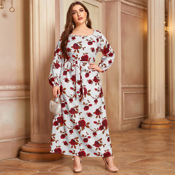 

Plus Floral Print Self Tie Dress, Light grey