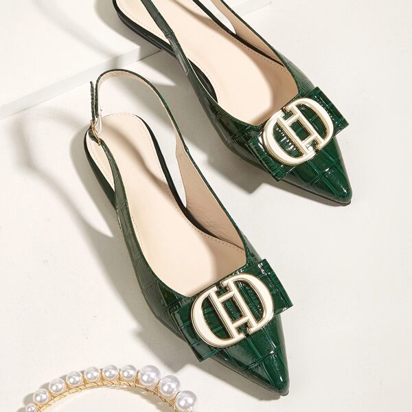 

Metal Decor Croc Embossed Slingback Flats, Green