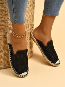 Crochet Lace Espadrille Flat Mules - Black - View 2