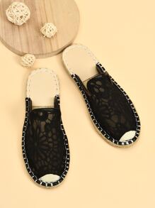 Crochet Lace Espadrille Flat Mules - Black - View 3