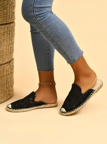 Crochet Lace Espadrille Flat Mules - Black - View 4